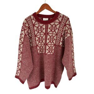 ALAFOSS Icelandic Handmade 100% Wool Sweater Pink White Knit Geometric Nordic